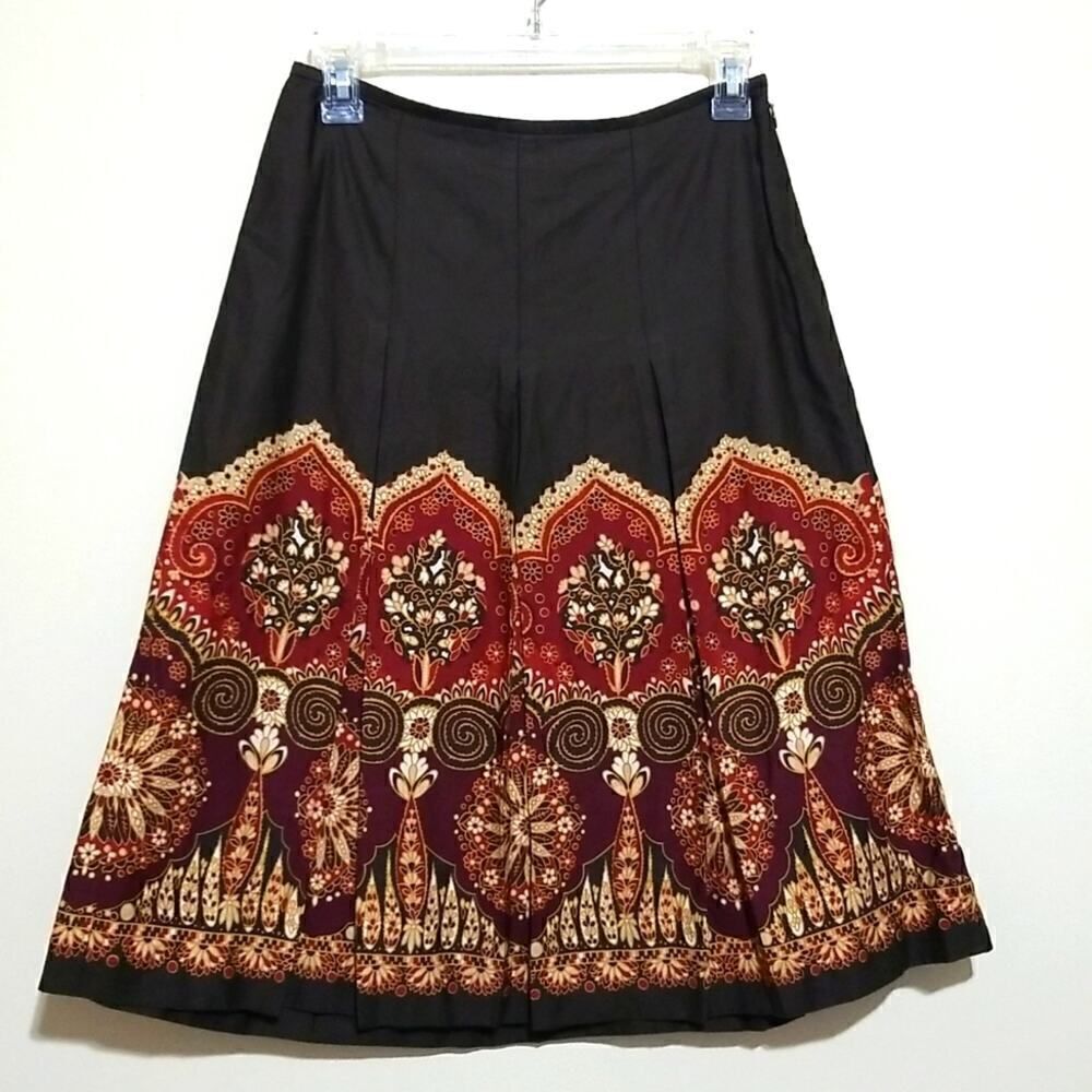 Ann Taylor Brown Bohemian Pleated Midi Skirt Size 2